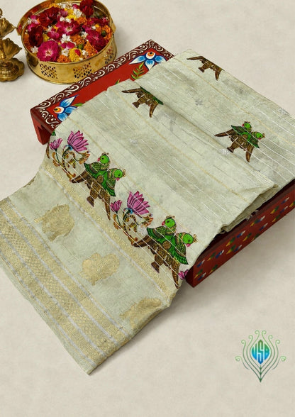 UTSAV BANARAS 373: Ivory Tusser Georgette Silk Saree with Sona Rupa Zari &amp; Kalamkari Skirt Border