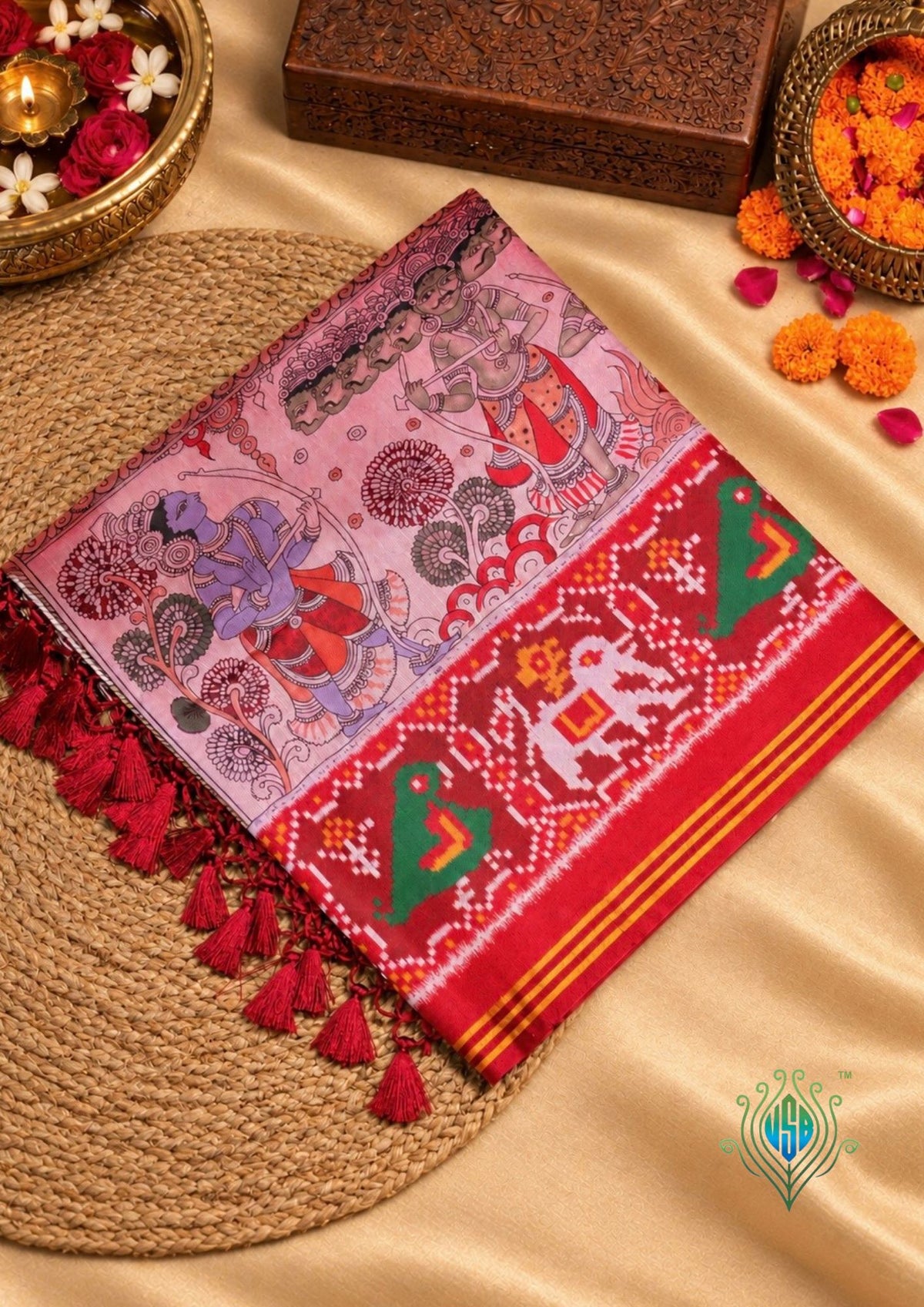 Utsav Banaras 512: Red Patola Silk Saree with Kalamkari Figure Motifs and Traditional Patola Border