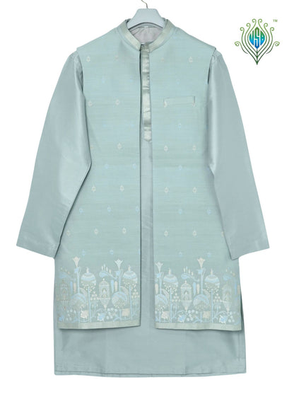 MJ 013A: Light Sea Green Banarasi Silk Kurta Payjama Jacket