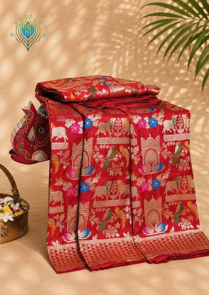 VIRASAT 435: Silk Mark Certified Pure Red Pure Handloom Katan Silk Saree with Kadwa Meenakari Bird Motif Zari Jaal