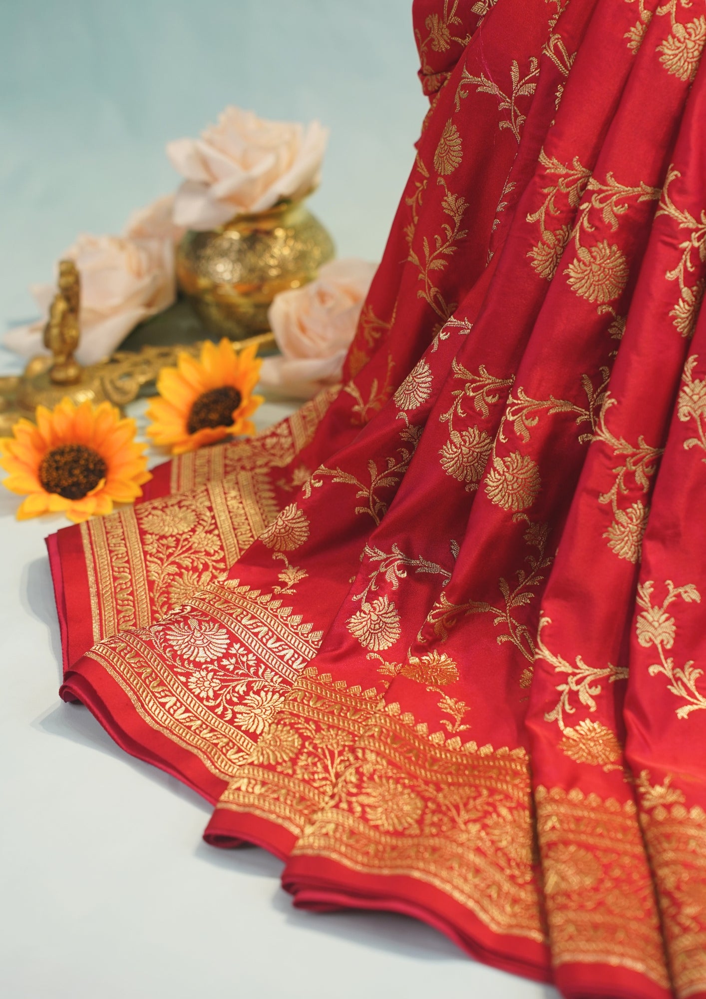 "Waah Banaras 065" Banarasi Satan Silk Saree With Golden Zari Floral Weaving & Rich Border