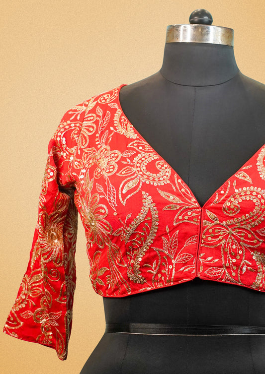 "RDM BL 015" Banarasi Red Blouse With Golden Zari Embroidery