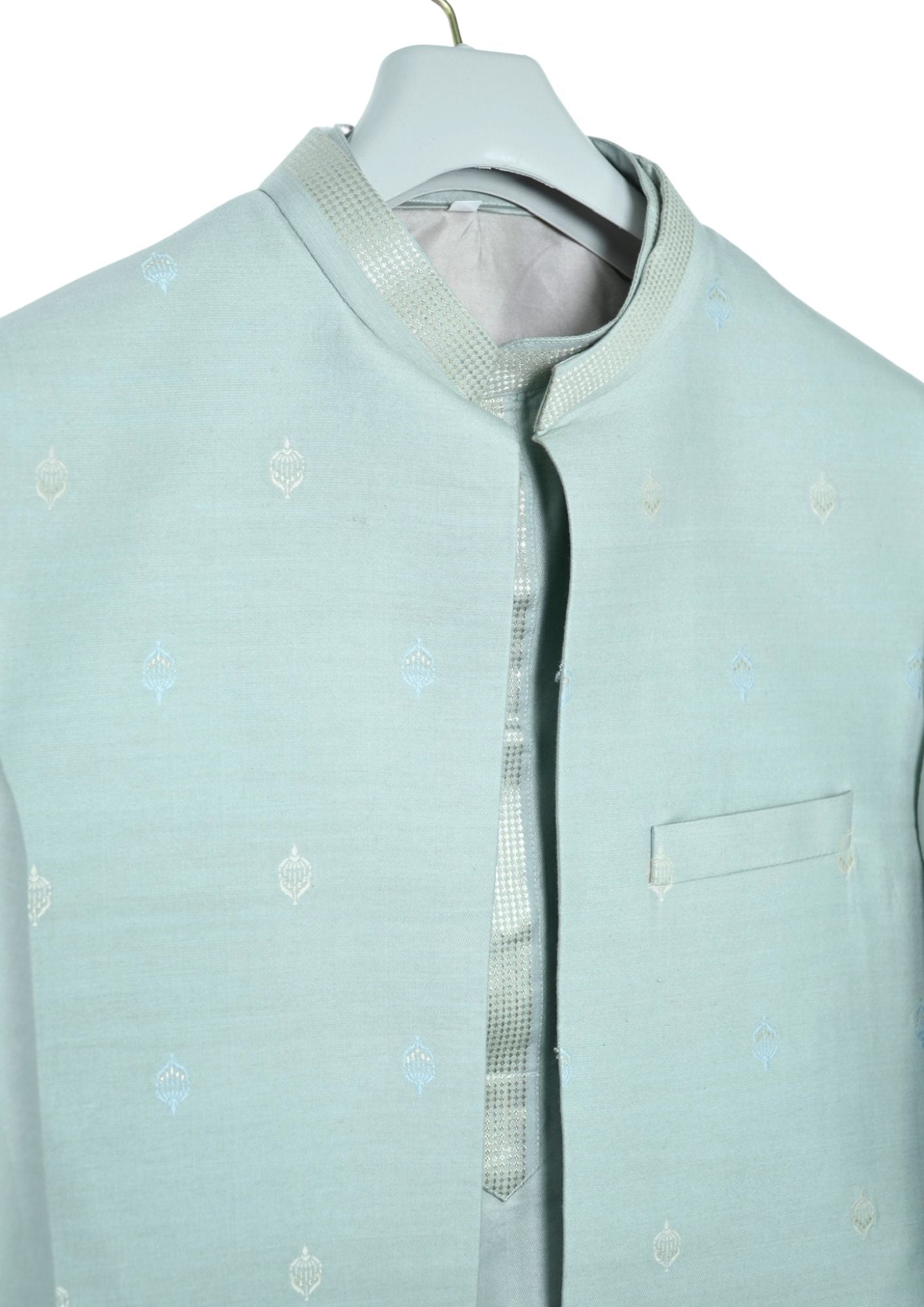MJ 013A: Light Sea Green Banarasi Silk Kurta Payjama Jacket