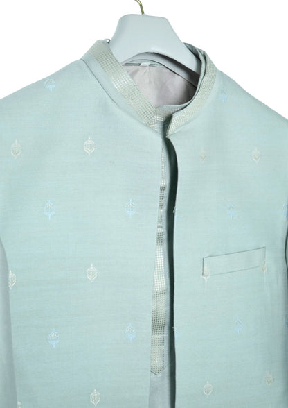 MJ 013A: Light Sea Green Banarasi Silk Kurta Payjama Jacket