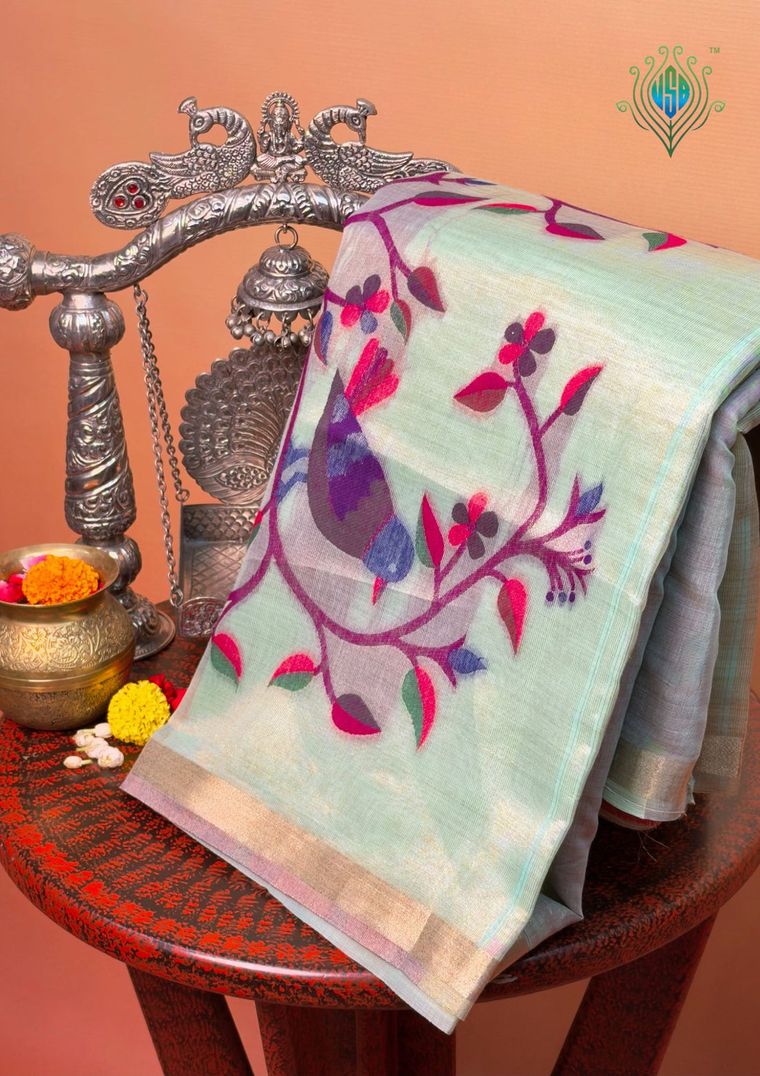 UTSAV BANARAS 464: Sky Blue Cotton Saree with Resham Bird Motif &amp; Artistic Floral Border