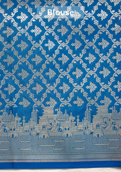 Waah Banaras 055J: Azure Blue Banarasi Pure Massaru silk saree with Ghat Border