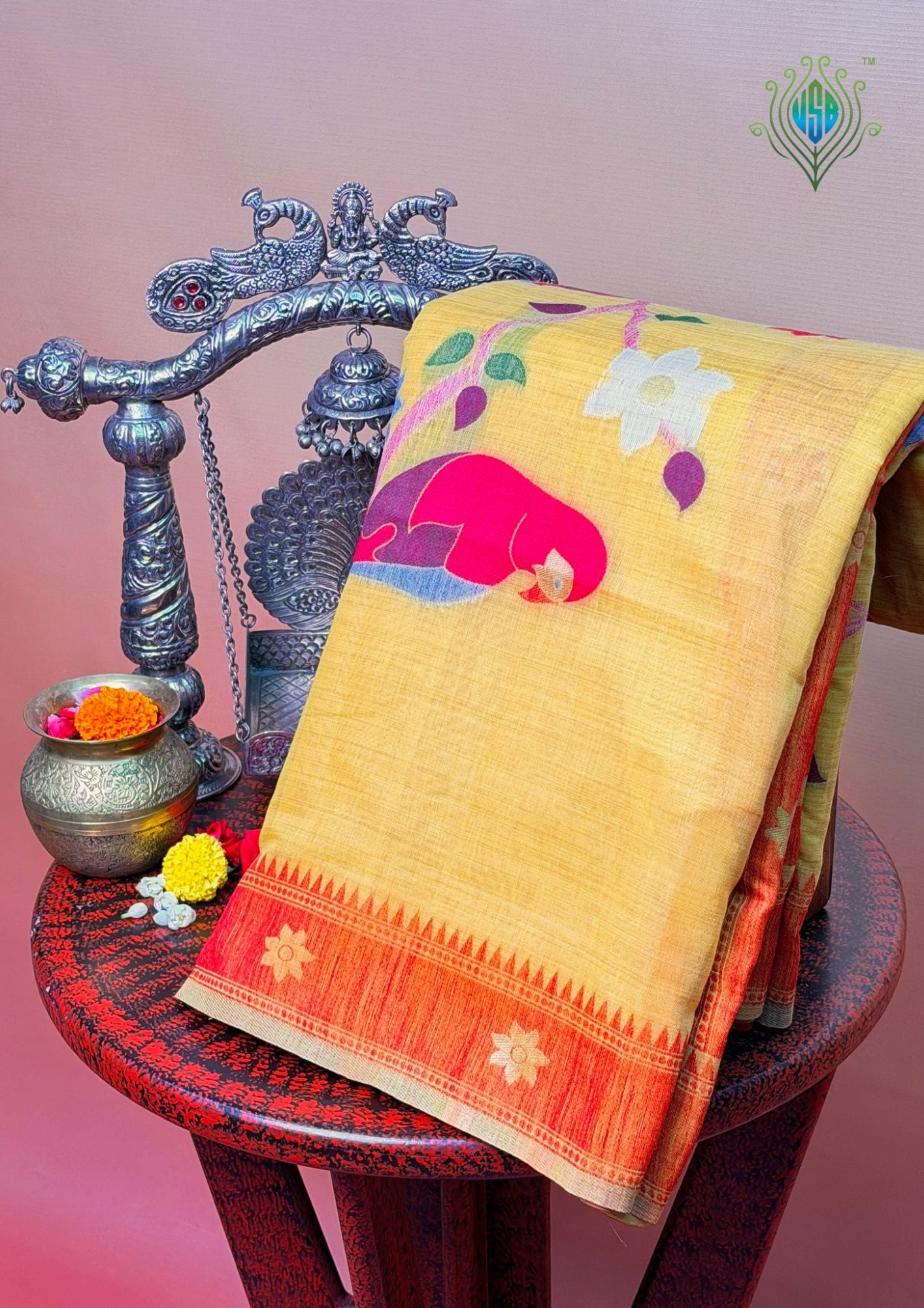 Utsav Banaras 454: Sunshine Yellow Cotton Saree with Multicolor Resham Bird &amp; Floral Work
