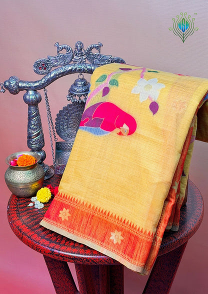 Utsav Banaras 454: Sunshine Yellow Cotton Saree with Multicolor Resham Bird &amp; Floral Work