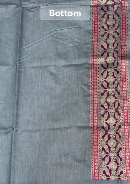 MANSI 167: Silver Grey Raw Silk Suit Set with Designer Woven Dupatta