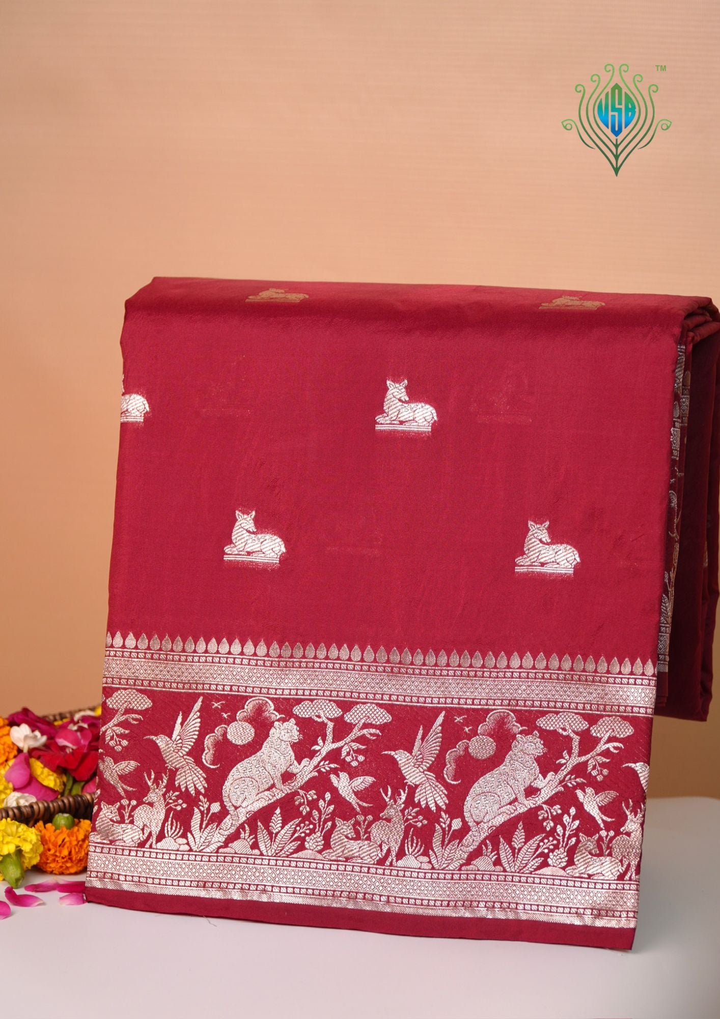 Waah Banaras 180A: Rich Maroon Semi Katan Silk Saree With Beautiful Bird Border