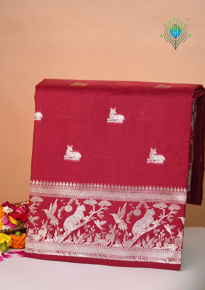 Waah Banaras 180A: Rich Maroon Semi Katan Silk Saree With Beautiful Bird Border