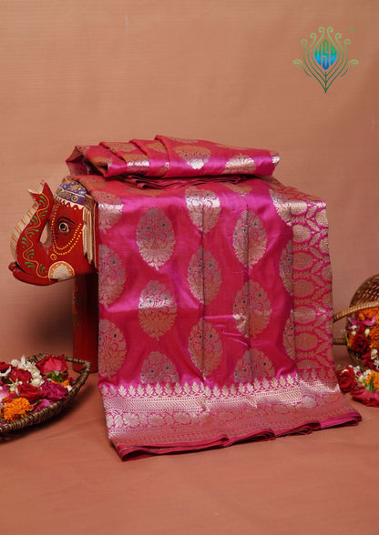 VIRASAT 202A: Hot Pink Pure Handloom Katan Silk Kadwa Meenakari Banarasi Saree | Silk Mark Certified