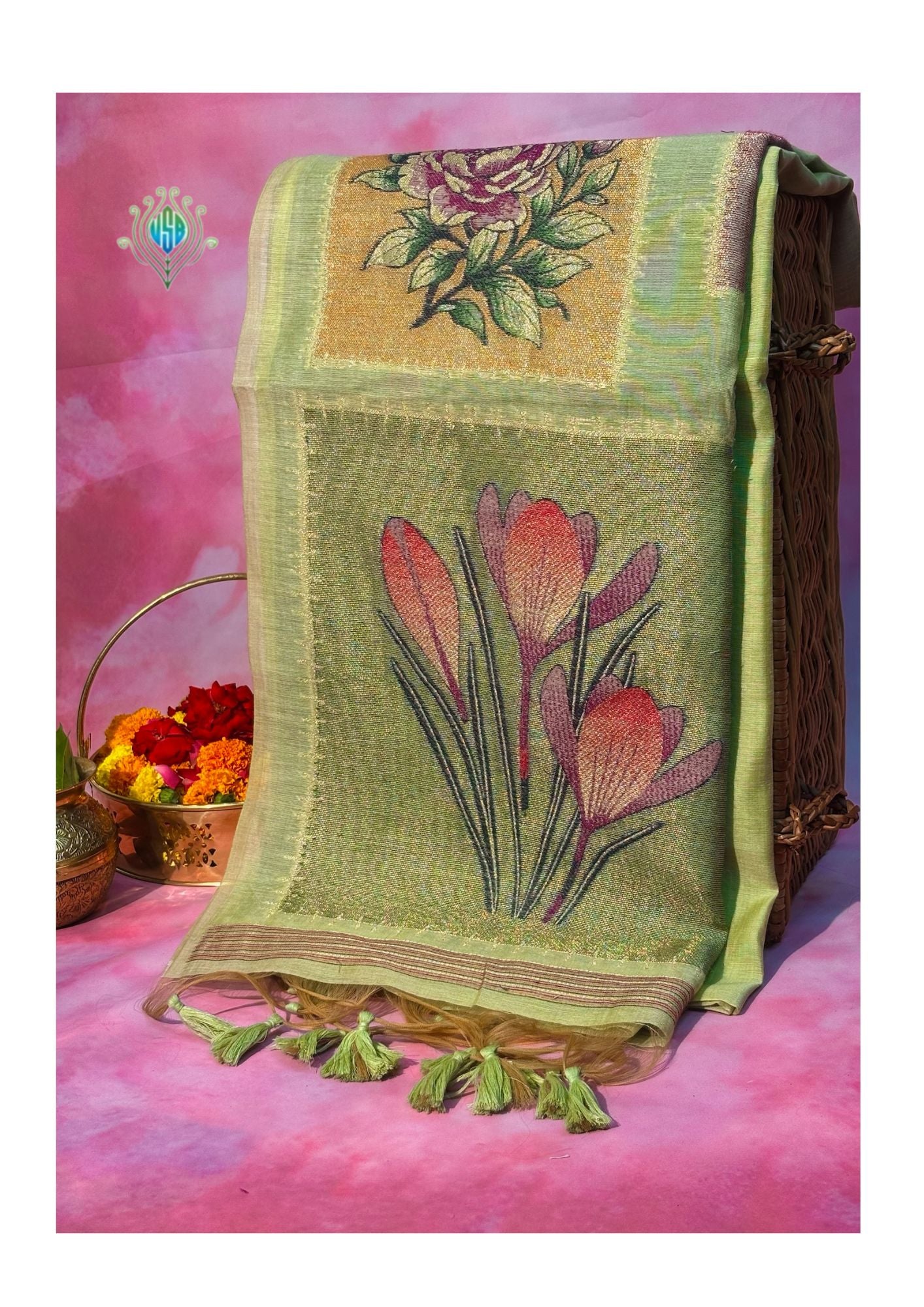 Utsav Banaras 072: Pista Green Jamdani Saree with Artistic Floral Panel Weave &amp; Contrast Blouse