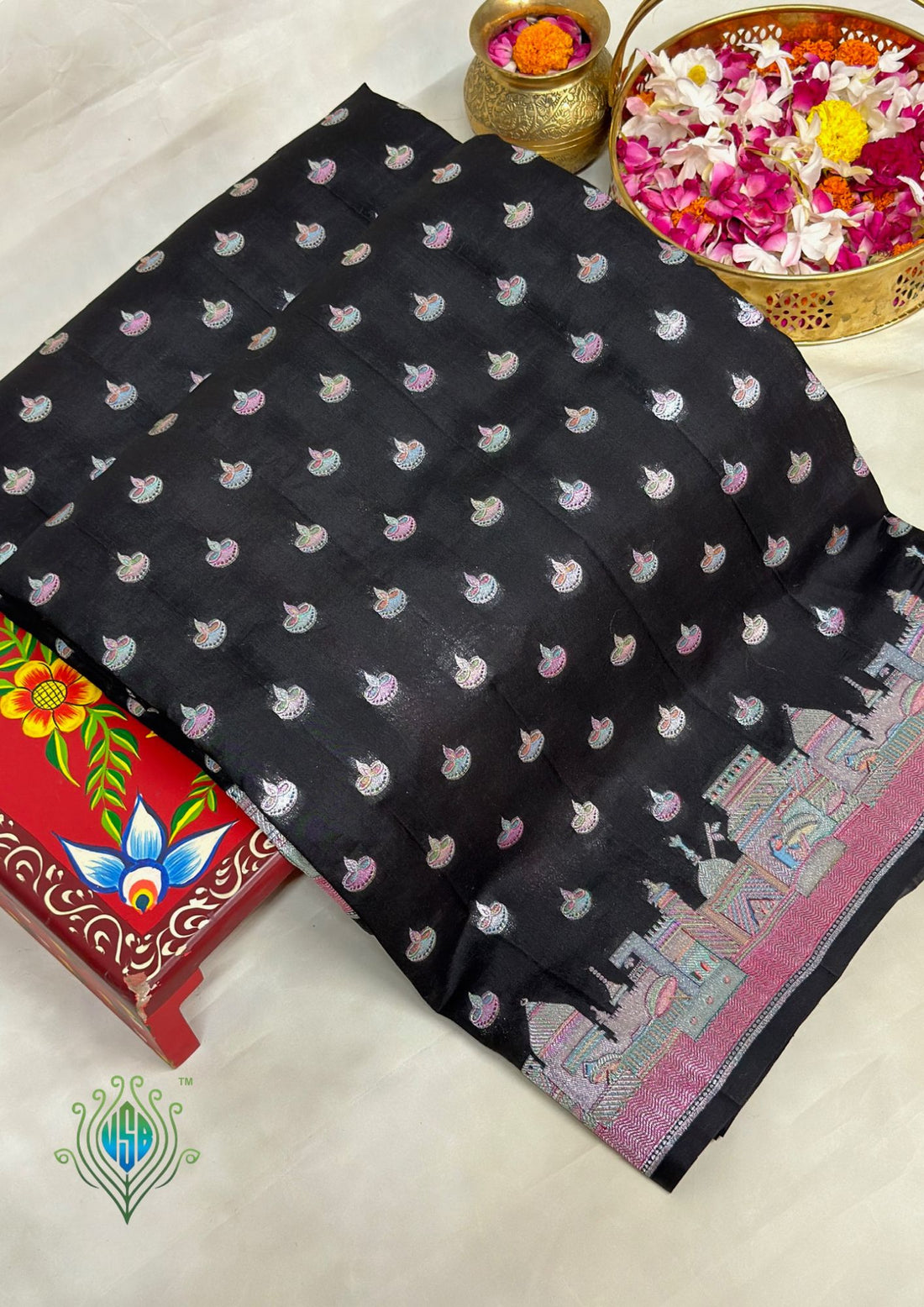 Founder choice 064: Midnight Black Pure Silk Meenakari Ghat Design Saree with Diya Motifs