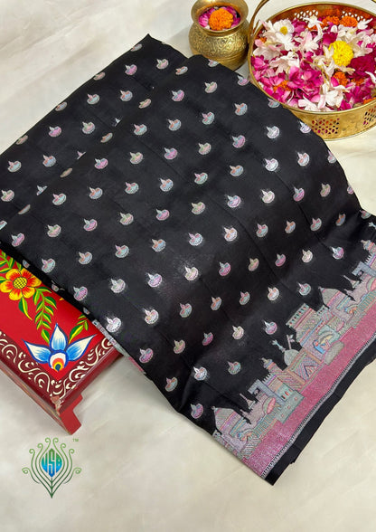Founder choice 064: Midnight Black Pure Silk Meenakari Ghat Design Saree with Diya Motifs