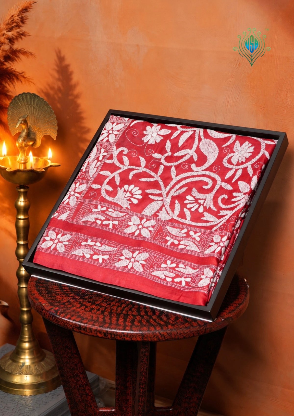 VIRASAT 354: Blush Red Pure Tussar Silk Kantha Work Saree | Silk Mark Certified
