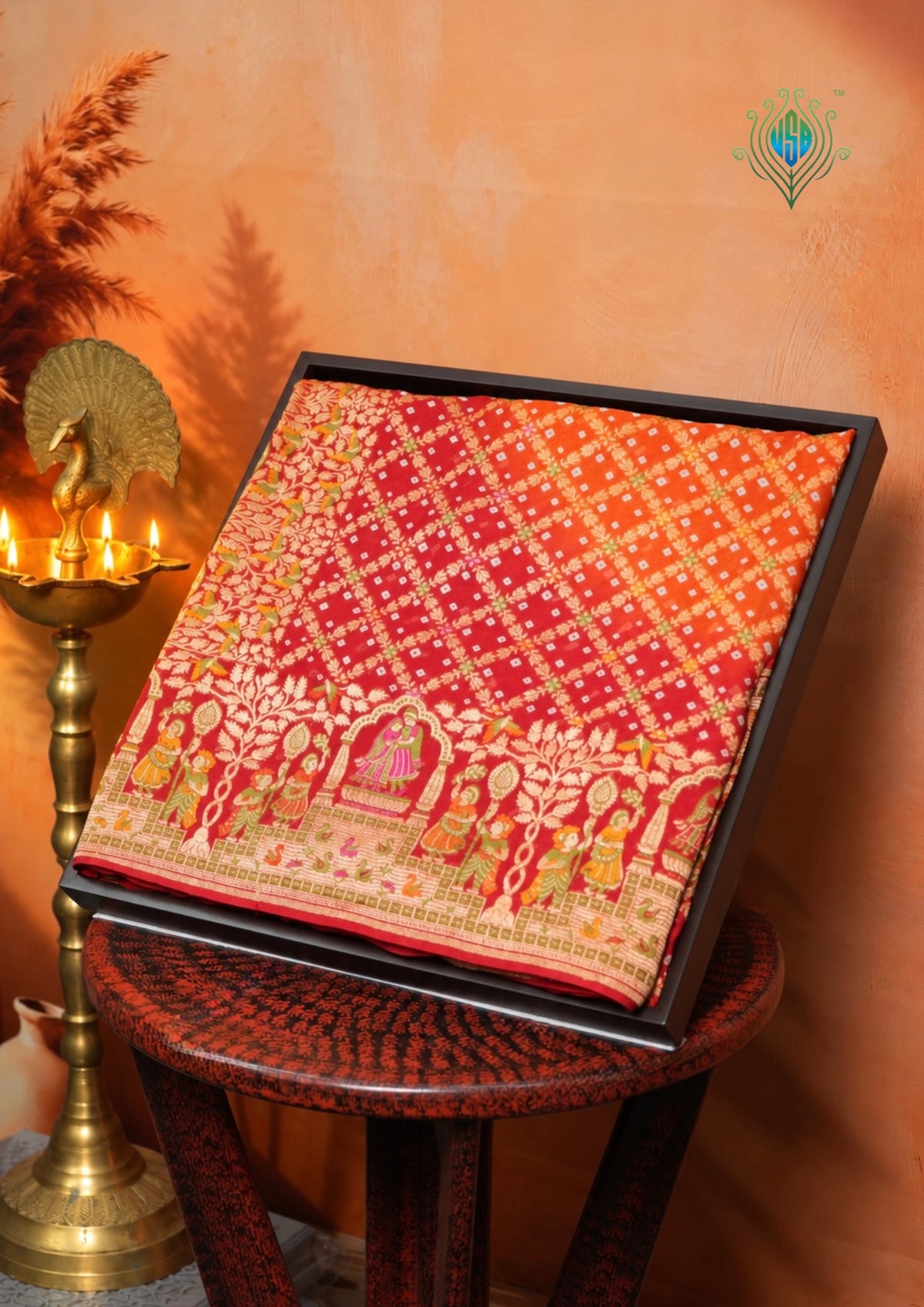 VIRASAT 345: Elegant shade of Red &amp; Orange Pure Banarasi Georgette Silk Bandhani Saree With Meenakari Work on Border