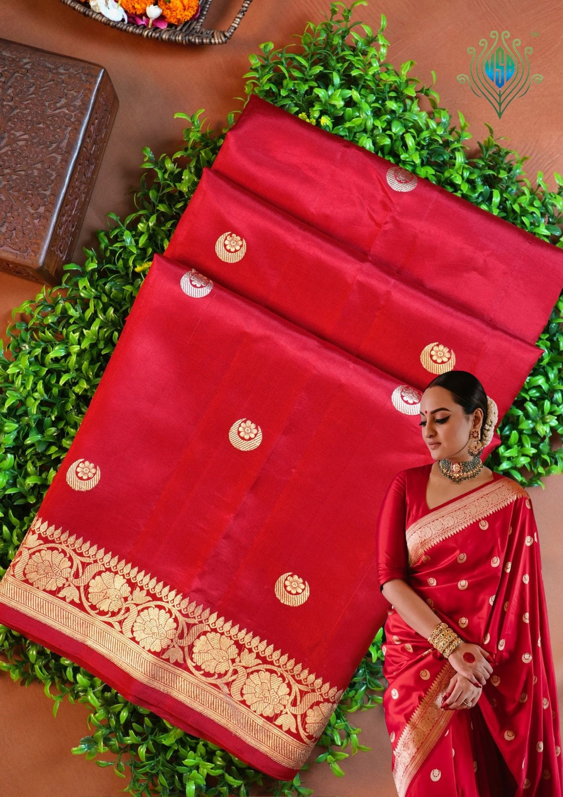 VIRASAT 166:  Pure Fine Handloom Silk Gold Zari Chand Buta Saree – Chatak Red