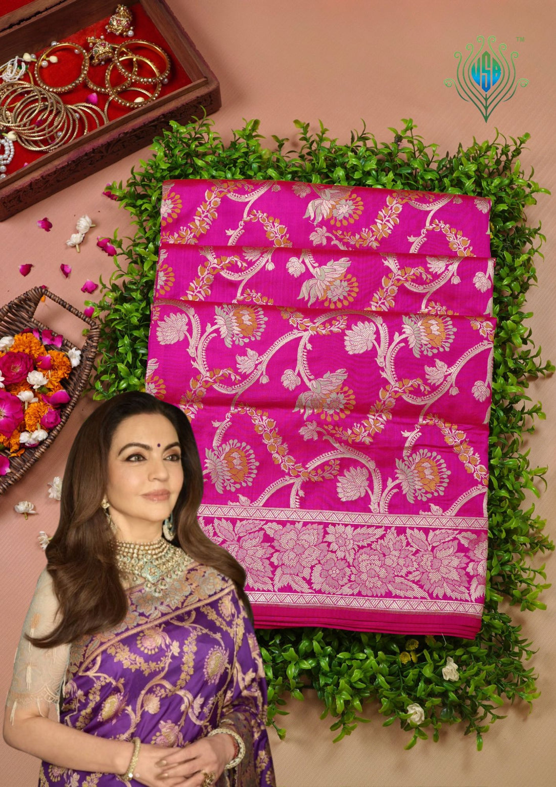 VIRASAT 426A: Pure Handloom Kadwa Katan Silk Saree Hot Pink | Silk Mark Certified | Celebrity Choice