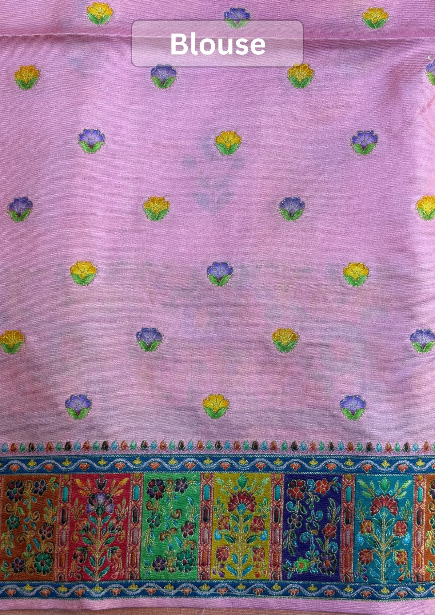 Waah Banaras 159: Lotus Pink Soft Silk Saree with Multicolor Position Print and Floral Border