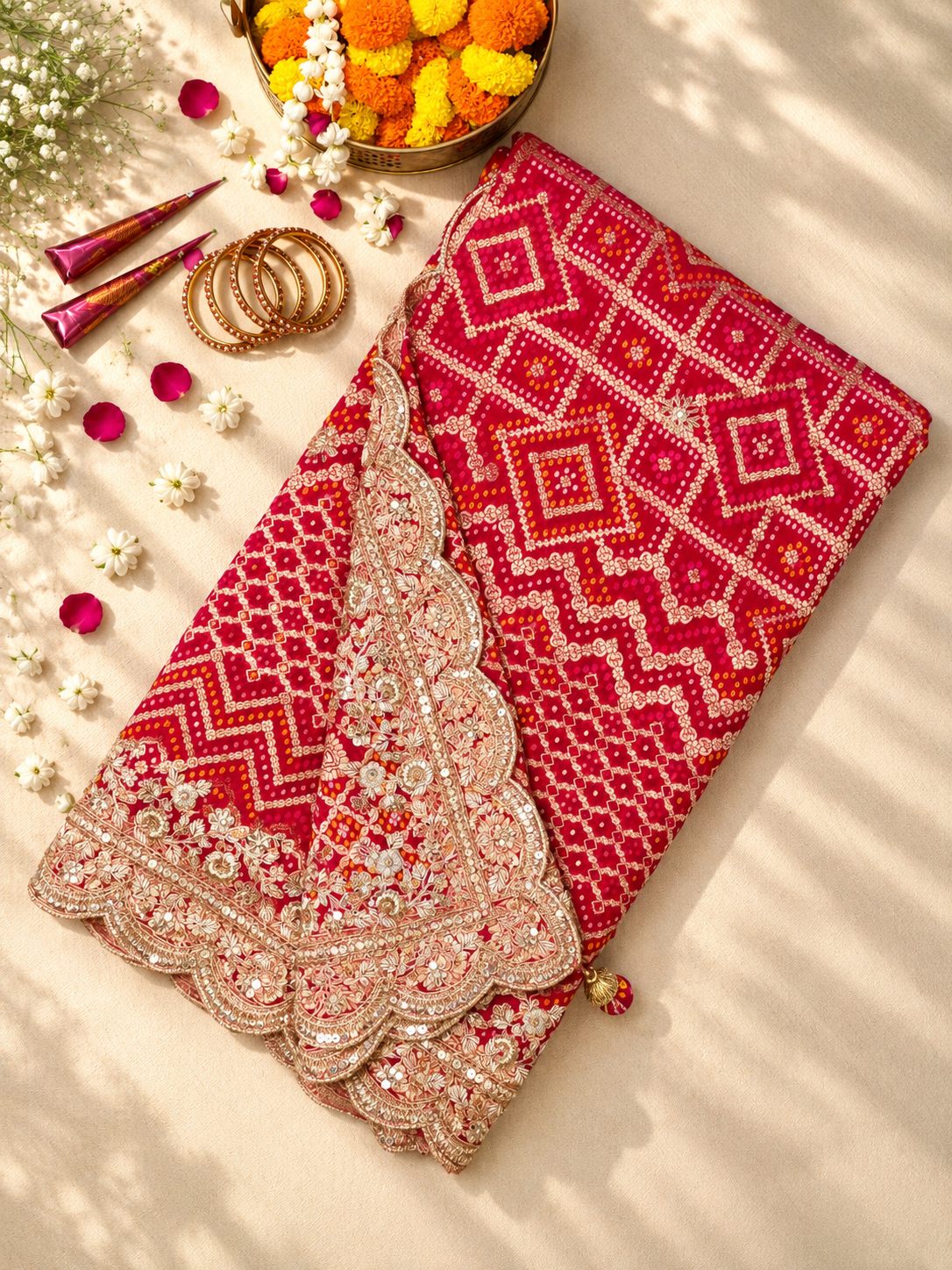 Karwa Chauth Special – Pinkish Red Bandhani Gajji Silk Saree