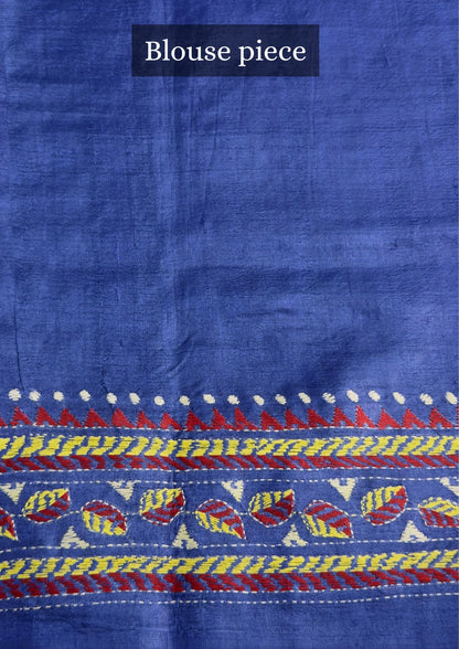 Virasat 355: Royal Blue Pure Tussar Silk Saree with Intricate Cross Stitch Work | Silk Mark Certified