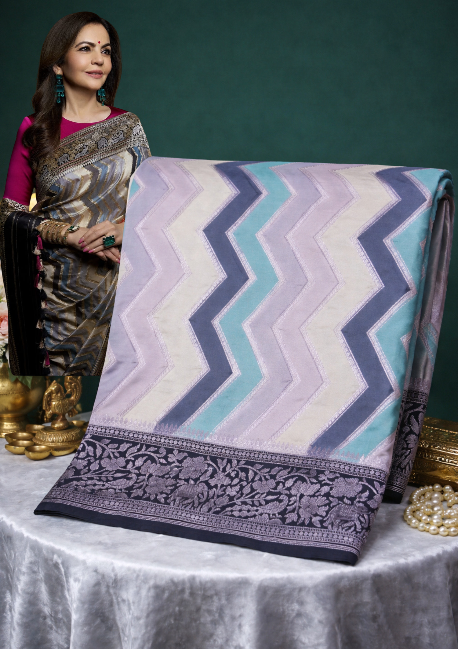 Founder Choice 025: Celebrity Choice Pure Silk Rangkat Zig-Zag Saree with Silver Zari Border &amp; Palla | Silk Mark Certified