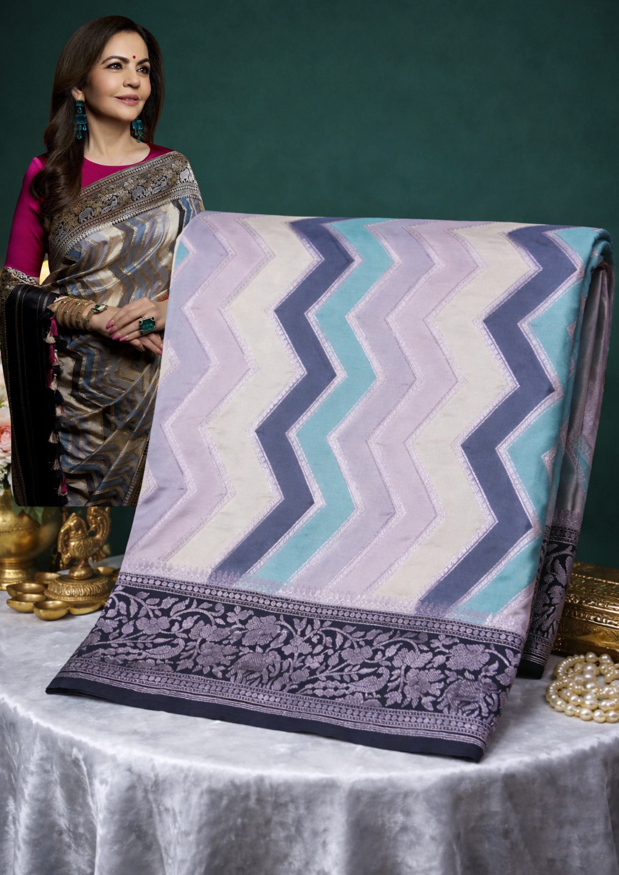 Founder Choice 025: Celebrity Choice Pure Silk Rangkat Zig-Zag Saree with Silver Zari Border &amp; Palla | Silk Mark Certified