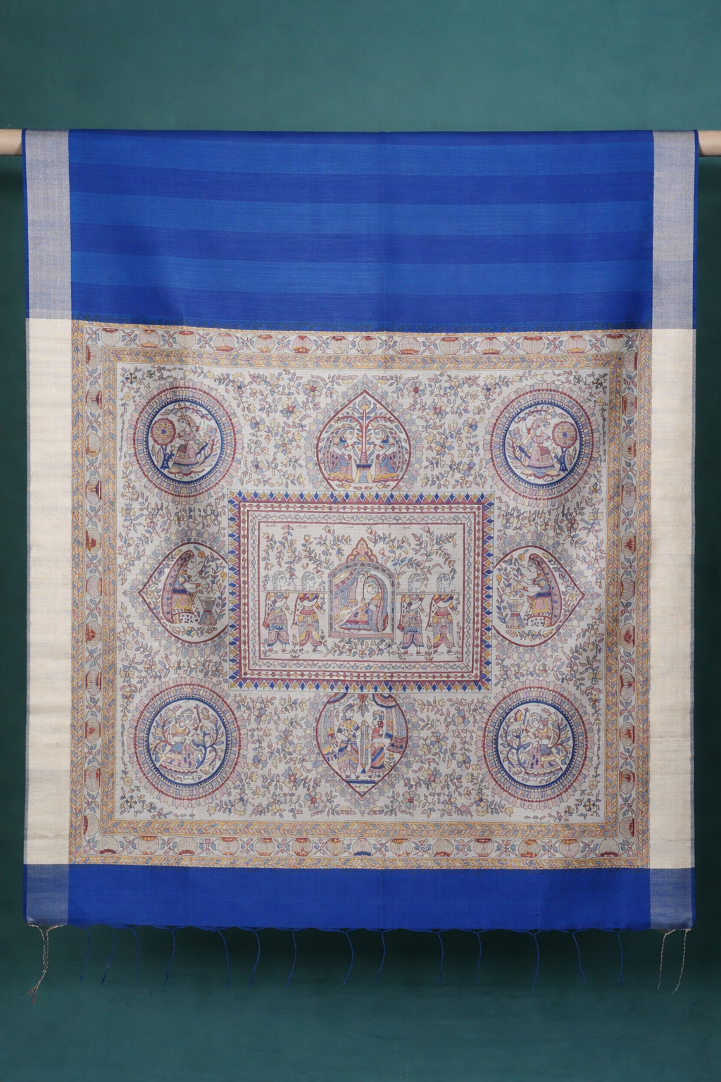 UTSAV BANARAS 228: Royal Blue anarasi Raw Silk Saree with Madhubani Print Palla &amp; Zari Border