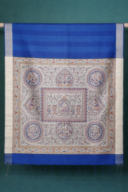 UTSAV BANARAS 228: Royal Blue anarasi Raw Silk Saree with Madhubani Print Palla &amp; Zari Border