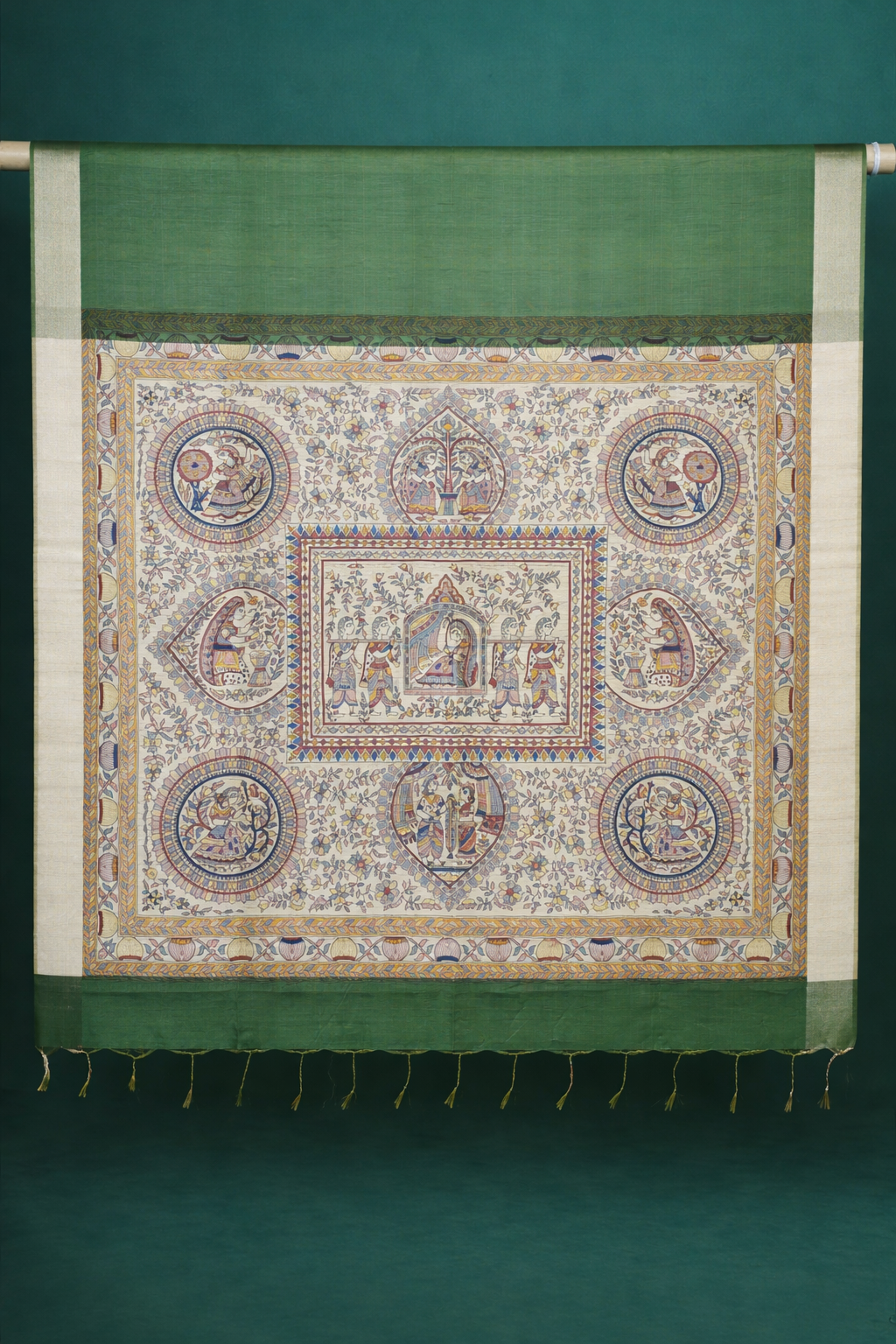 UTSAV BANARAS 227: Pistachio Green Banarasi Raw Silk Saree with Madhubani Print Palla &amp; Zari Border