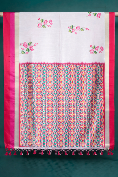 UTSAV BANARAS 297: Pearl White Banarasi Raw Silk Saree with Patola Print Palla