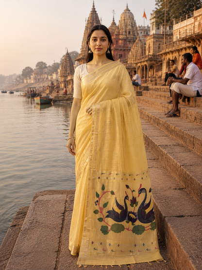 UTSAV BANARAS 467: Mustard Yellow Cotton Saree with Resham Swan Motif &amp; Lotus Floral Design