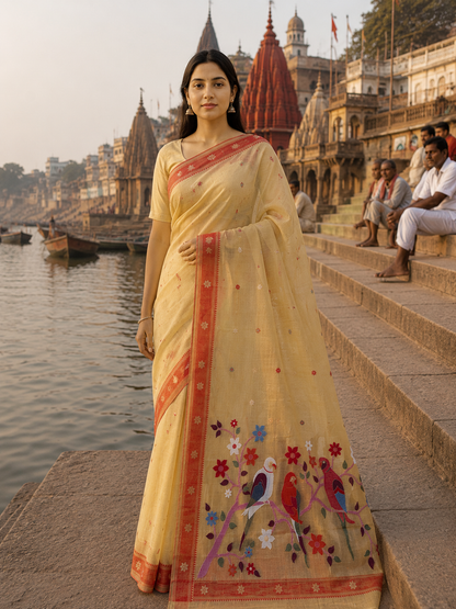 Utsav Banaras 454: Sunshine Yellow Cotton Saree with Multicolor Resham Bird &amp; Floral Work