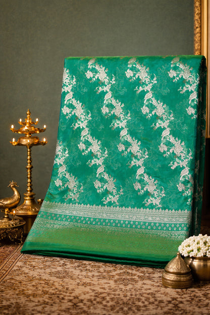 WAAH BANARAS 150: Dual Tone Pine Green Semi Katan Silk Saree with Gold Zari Floral Jaal