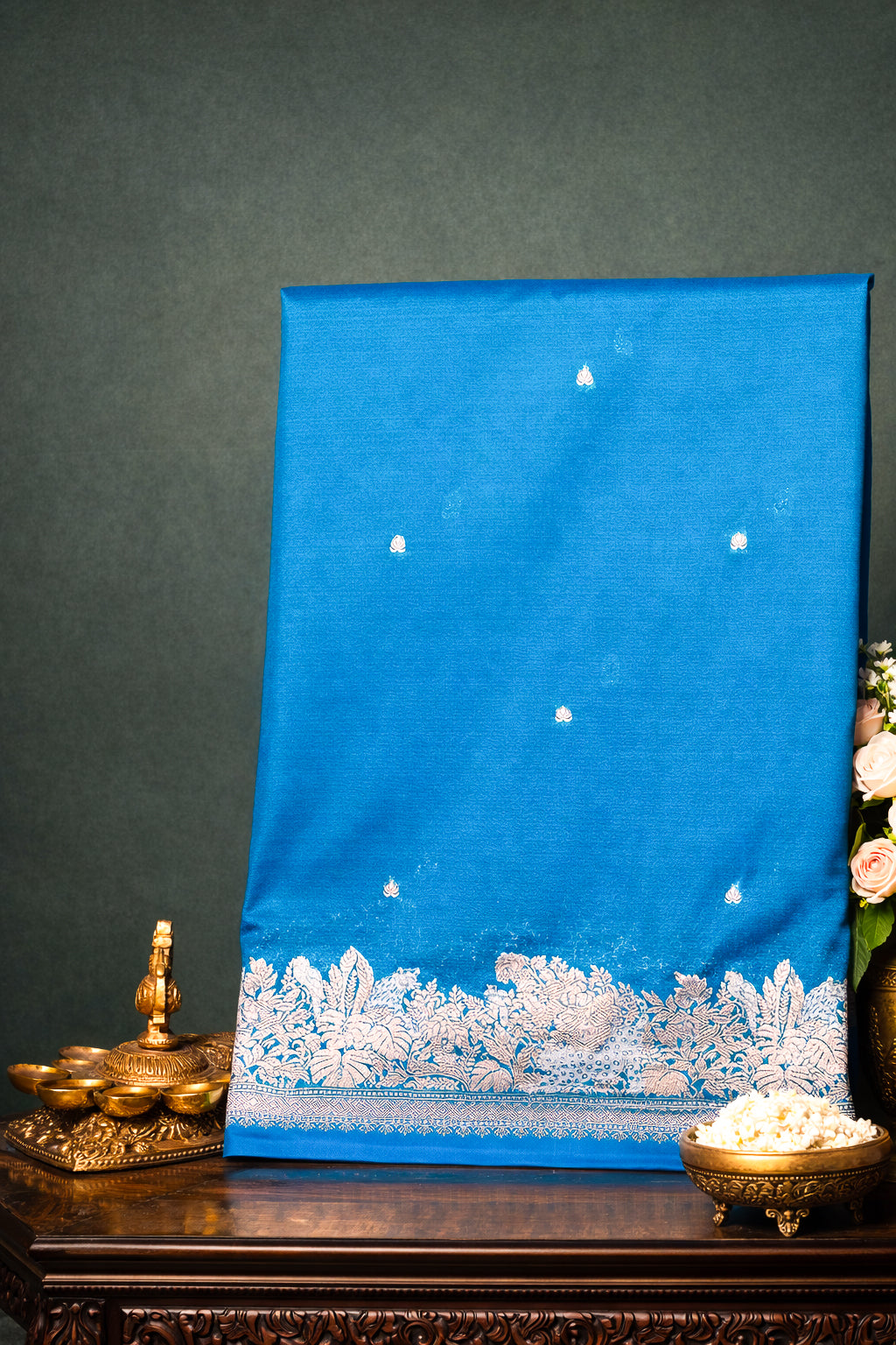 WAAH BANARAS 101: Ocean Blue Semi Katan Silk Saree with Classic Zari Motifs