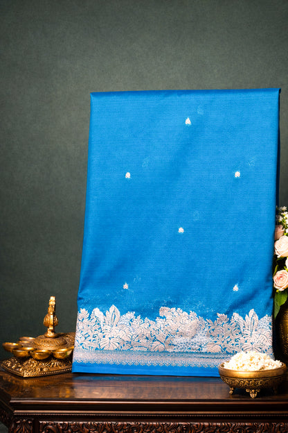 WAAH BANARAS 101: Ocean Blue Semi Katan Silk Saree with Classic Zari Motifs