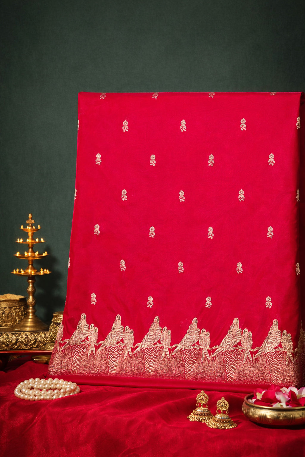 Waah Banaras 139: Pinkish Red Semi Katan Banarasi Saree with Gold Zari Buti &amp; Meenakari Border
