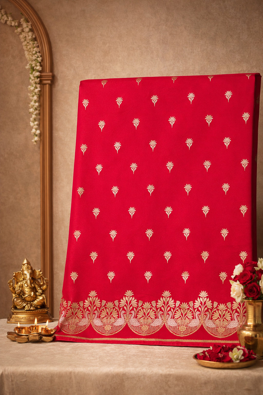 Waah Banaras 107: Crimson Red Semi Katan Banarasi Saree with Sona Rupa Zari Elegance