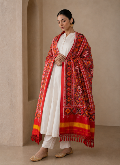 MCD 042: Maroon Red Patola Silk Dupatta With Tassels &amp; Standard Length