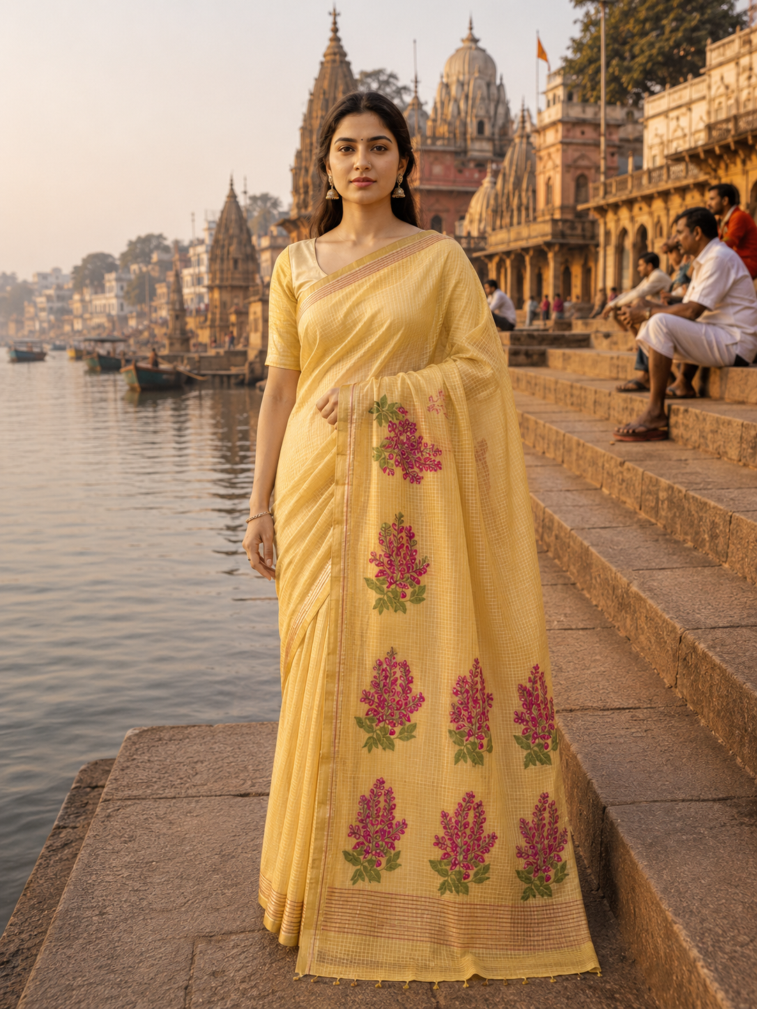 Utsav Banaras 456: Mustard Yellow Cotton Saree with Pink Resham Floral Buta Work