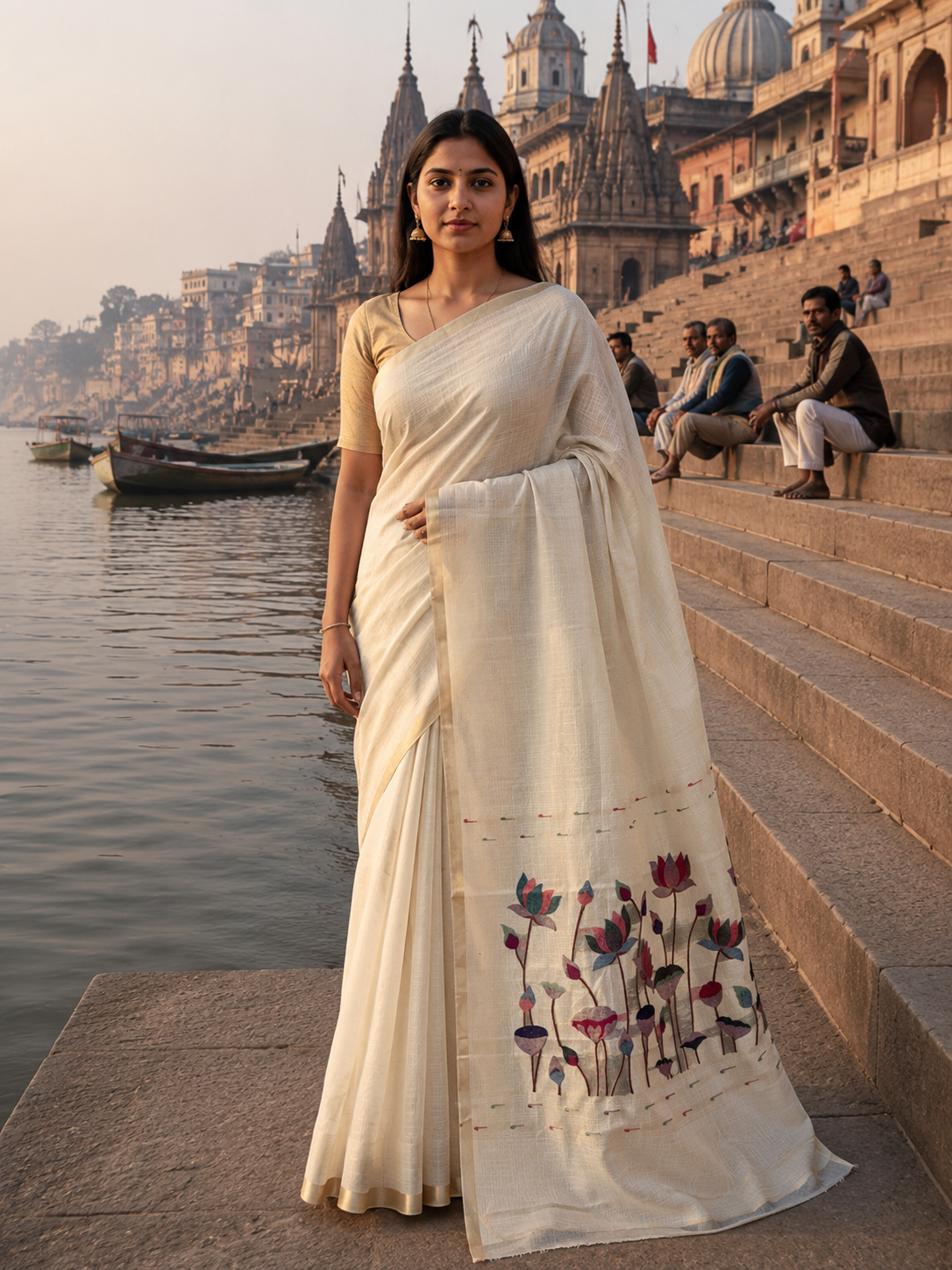 UTSAV BANARAS 462: Natural Ivory Cotton Saree with Multicolor Resham Lotus Floral Work