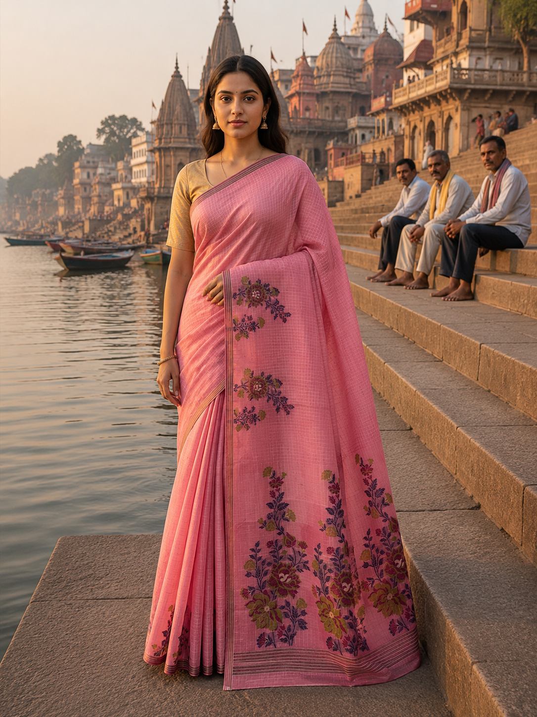 UTSAV BANARAS 461: Blush Pink Cotton Saree with Multicolor Resham Floral Bouquet Work