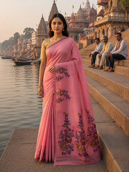 UTSAV BANARAS 461: Blush Pink Cotton Saree with Multicolor Resham Floral Bouquet Work