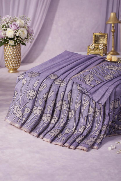 "WAAH BANARAS 017" Banarasi Lavender-Grey Linen Silk Saree With Pencil Sketch Floral Embroidery