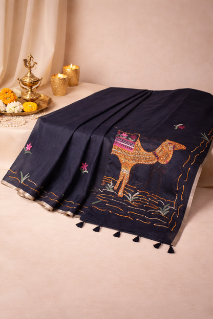 "Utsav Banaras 343" Banarasi Black Munga Silk Saree With Multicolored Camel Applique Embroidery
