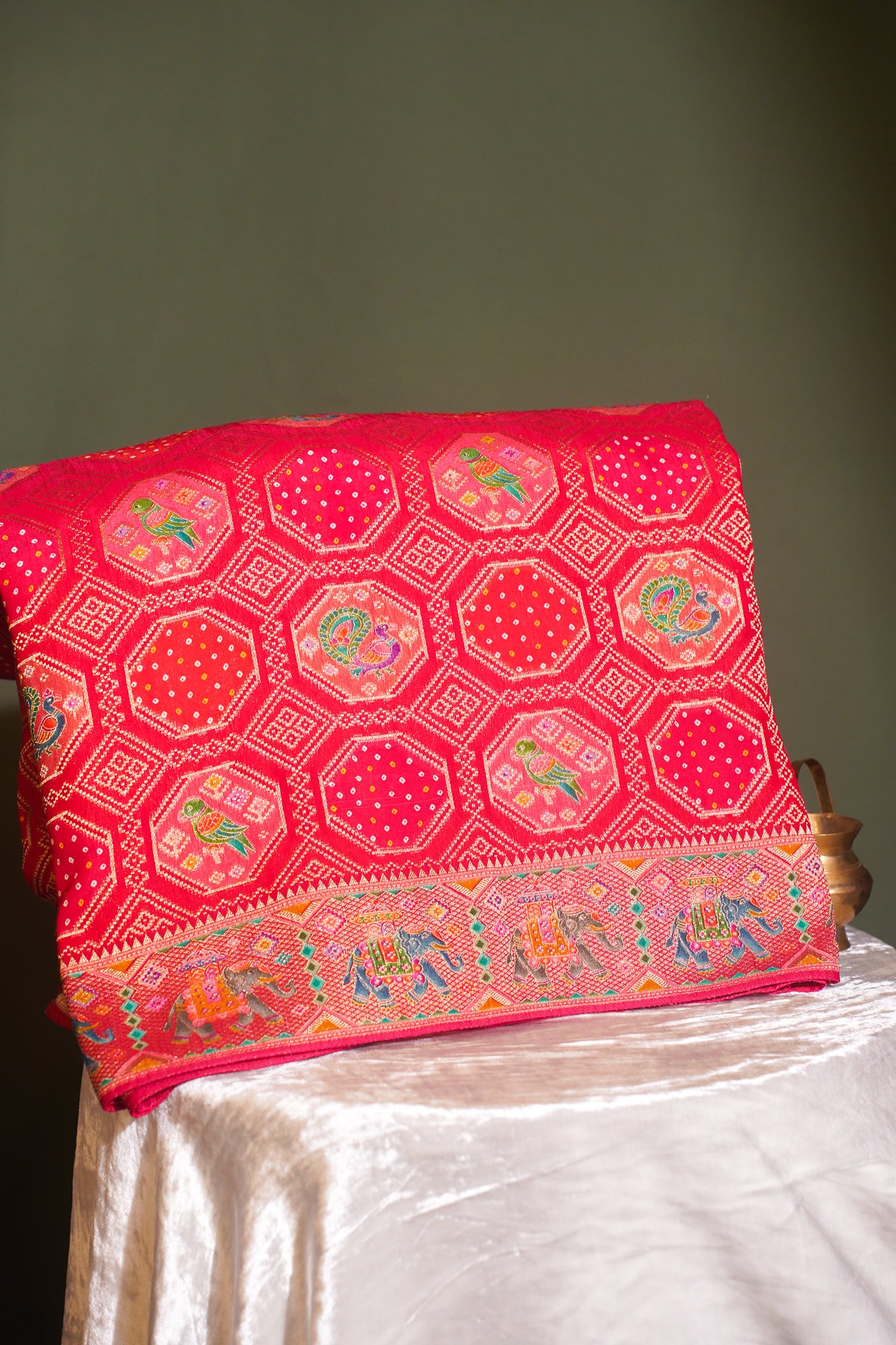 Cheri Red Khaddi Banarasi Saree with Meenakari Birds &amp; Elephants