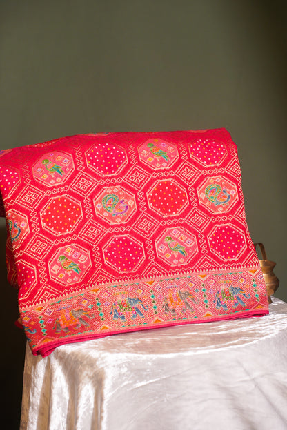 Cheri Red Khaddi Banarasi Saree with Meenakari Birds &amp; Elephants