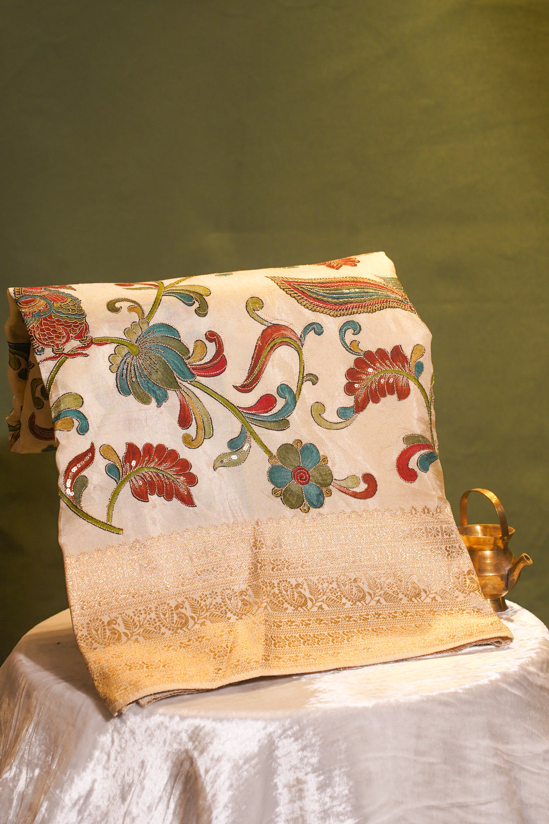 Cream Silk Saree with Kalamkari Meenakari Art