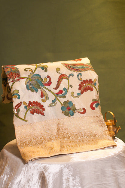 Cream Silk Saree with Kalamkari Meenakari Art
